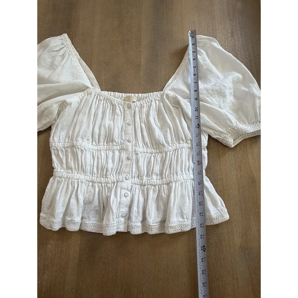 Ulla Johnson Smocked Short Sleeve White Linen Peplum Top Size 14